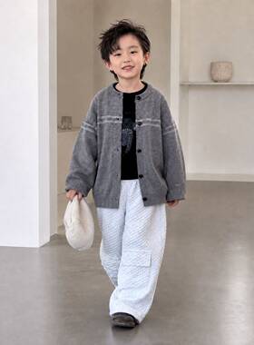 韩版儿童灰色针织开衫男女宝秋装外套条纹宽松休闲毛衣外搭