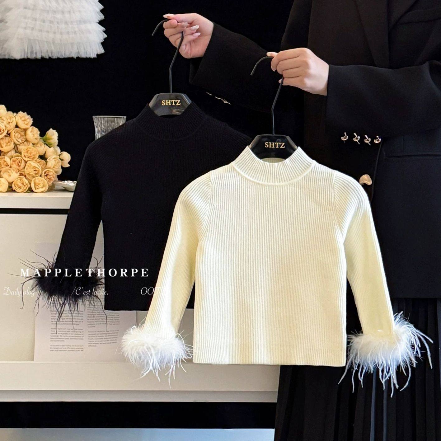 冬季新款女童针织打底衫半高领绒边毛衣过年服搭配喜庆百搭