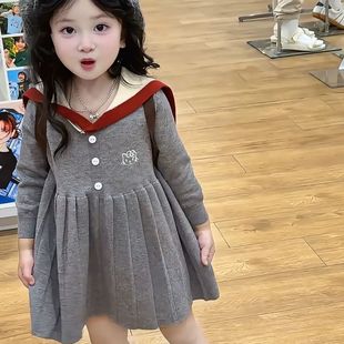 秋冬季女宝宝学院风长袖连衣裙针织衫海军领披肩洋气毛衣裙百褶裙