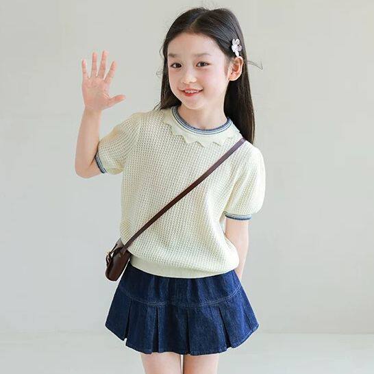 新款夏季儿童针织镂空短袖女宝宝小香风韩系清晰女童童装