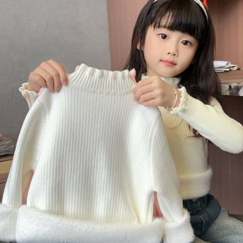 秋冬季儿童一体绒毛衣半高领木耳边宝宝女童毛衣加绒打底针织衫