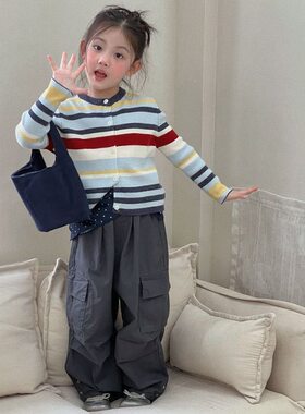 春秋季儿童针织毛衣开衫韩系经典条纹外套宝宝女童童装时尚百搭