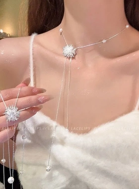 新款银色烟花仿珍珠抽拉项链女轻奢高级感长款气质抽拉调节毛衣链