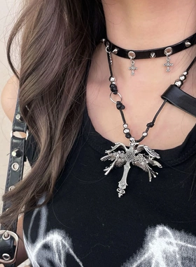 跨境新款暗黑六翼天使十字架项链小众个性时尚设计吊坠项饰品