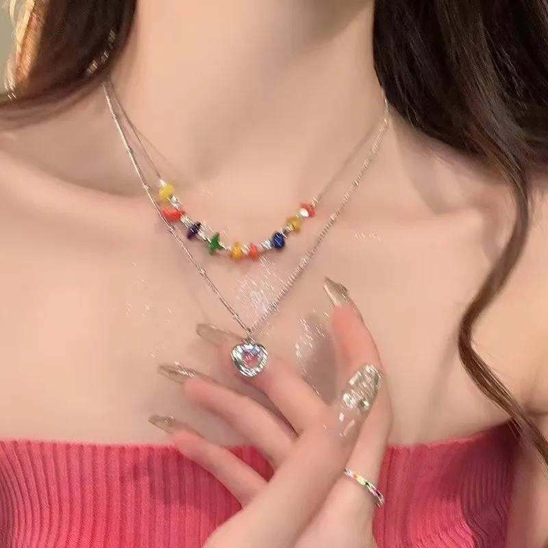 双层叠戴玫瑰锆石卫衣项链女夏天气质百搭锁骨链轻奢小众高级配饰