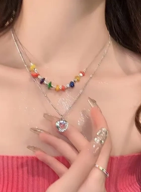 双层叠戴玫瑰锆石卫衣项链女夏天气质百搭锁骨链轻奢小众高级配饰