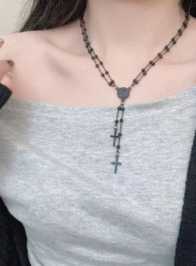 欧美跨境串珠十字架项链锁骨链高级感多层叠戴流苏珍珠毛衣链配饰