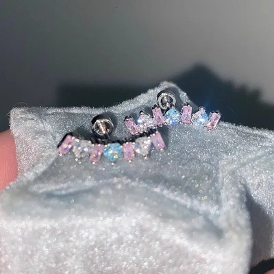 多彩彩虹糖爱心锆石耳骨钉钛钢平底外螺旋耳蜗钉甜美爆闪小众耳钉