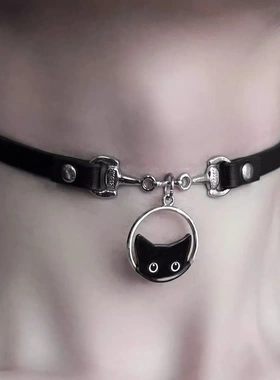 甜酷辣妹风暗黑猫咪吊坠项链小众设计感choker项圈时尚百搭锁骨链