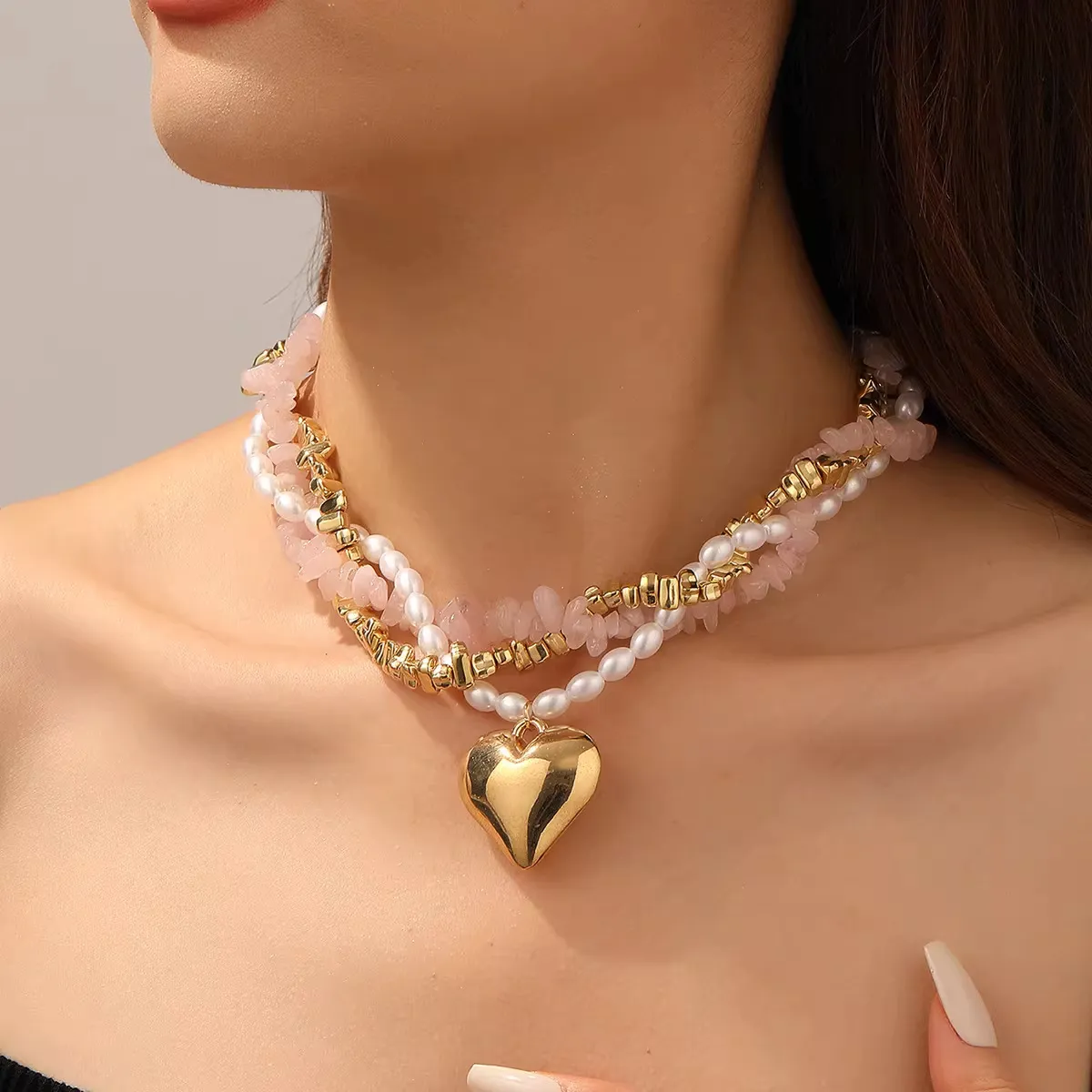 欧美跨境饰品时尚缠绕夸张桃心多层项链女短款清冷性感风necklace