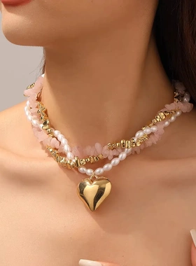 欧美跨境饰品时尚缠绕夸张桃心多层项链女短款清冷性感风necklace