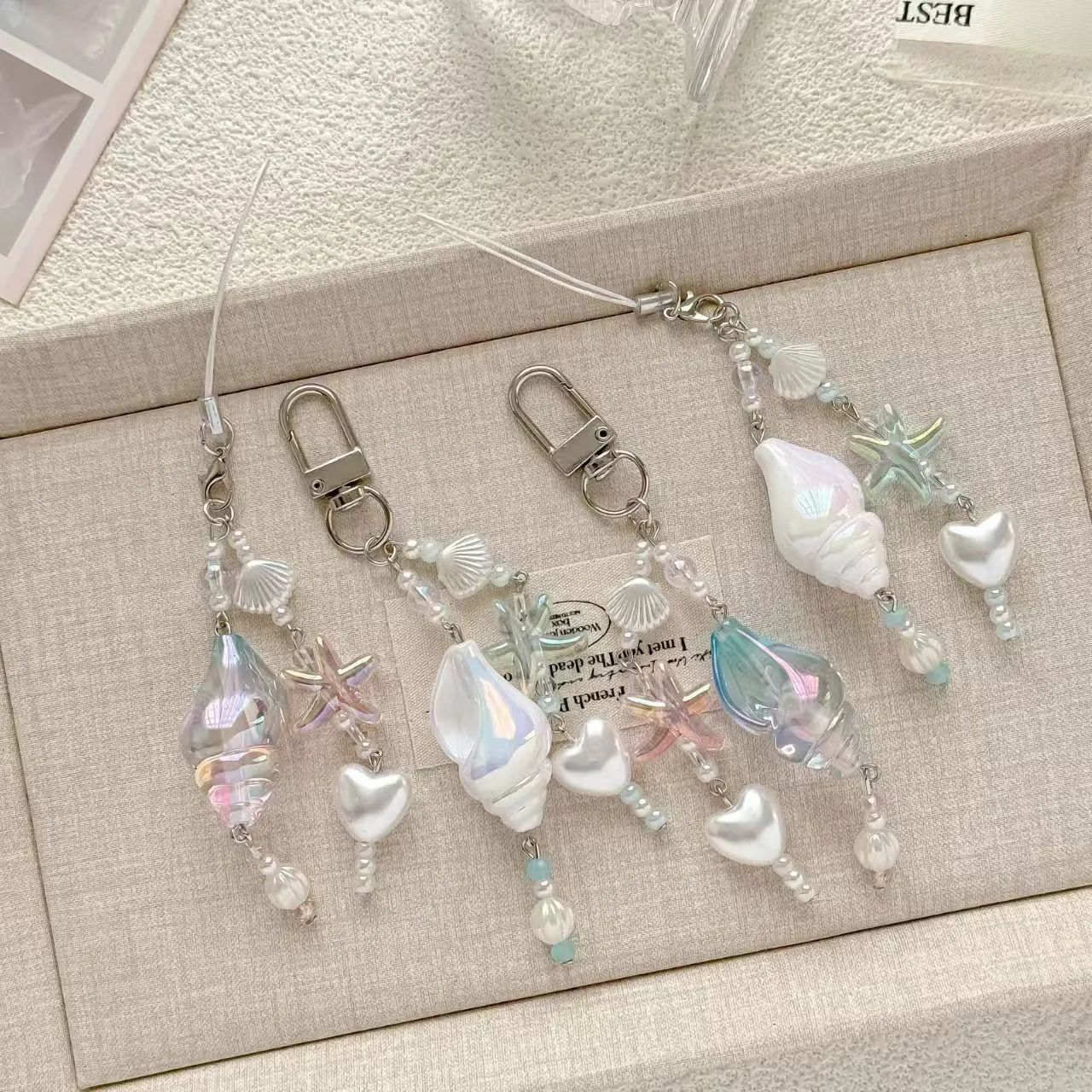 【沙滩】甜美可爱海星贝壳手机挂链挂件炫彩海螺匙扣咕包包挂