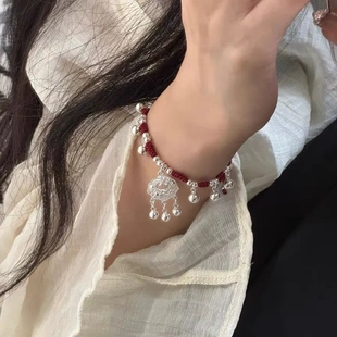 纯手工中国风长命锁平安锁手绳铃铛红绳手链送女友高级国潮