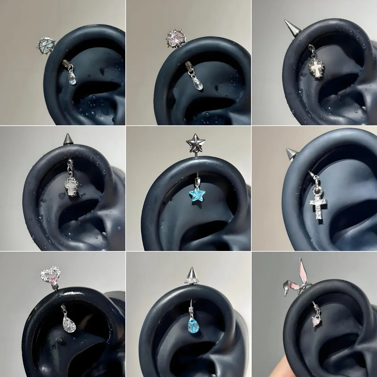 立体恶魔钉耳钉甜酷风粉色猫耳朵水滴吊坠耳蜗耳骨钉精致耳饰女