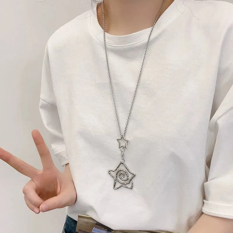 甜酷风银色旋涡星星项链女长款吊坠毛衣链卫衣挂件Y2K几何