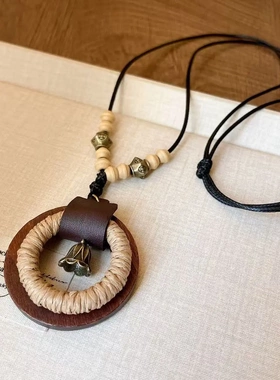 新中式禅意古铜羽毛项链女波西米亚民族风双层叠戴长款毛衣链配饰