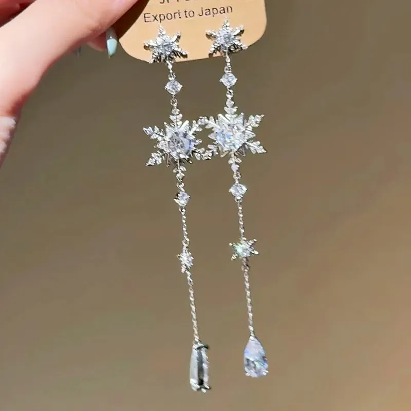 秋冬爆闪锆石长款雪花流苏耳环女轻奢高级感精致气质耳饰耳夹耳坠