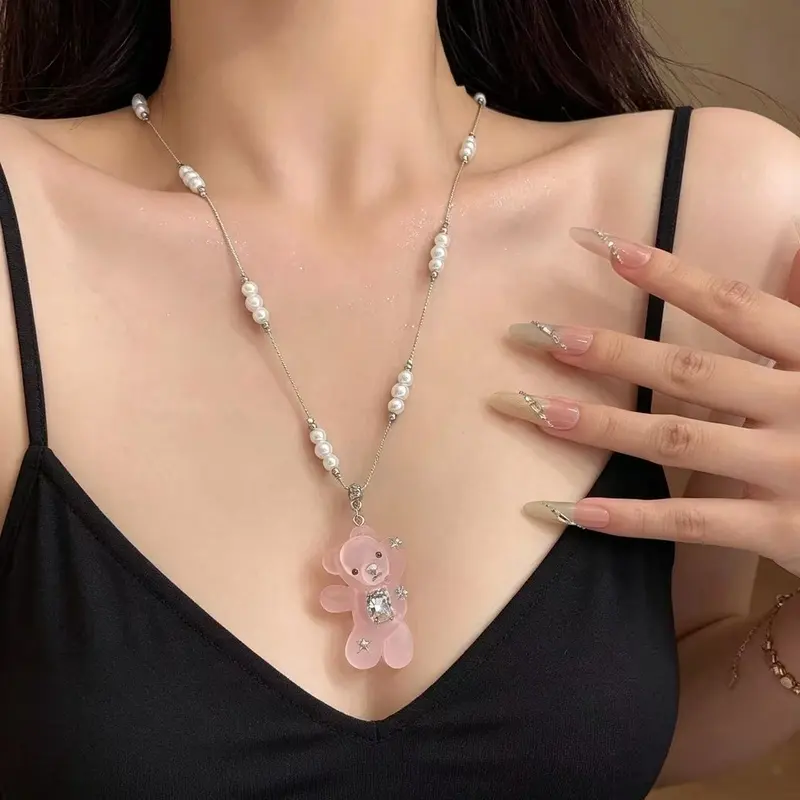 韩系ins风冰透粉蓝色闪钻小熊吊坠项链女甜酷小众个性长款毛衣链
