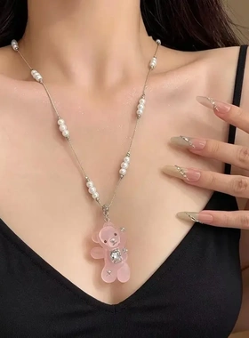 韩系ins风冰透粉蓝色闪钻小熊吊坠项链女甜酷小众个性长款毛衣链