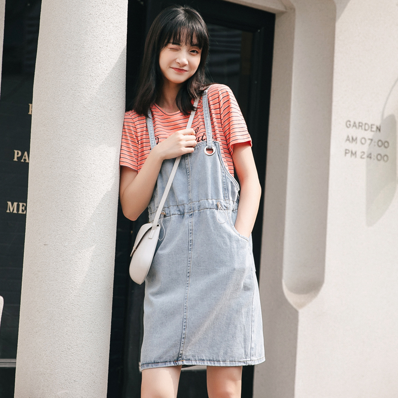 New summer student denim dress with suspenders