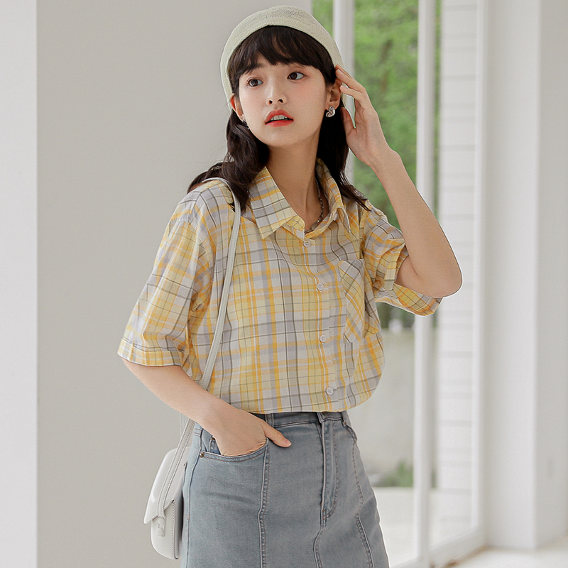 實拍夏季新款學院風甜美短袖格子襯衫女學生寬鬆襯衣