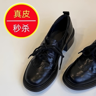2026年春季新款英伦风复古系带圆头深口单鞋女通勤百搭粗跟小皮鞋