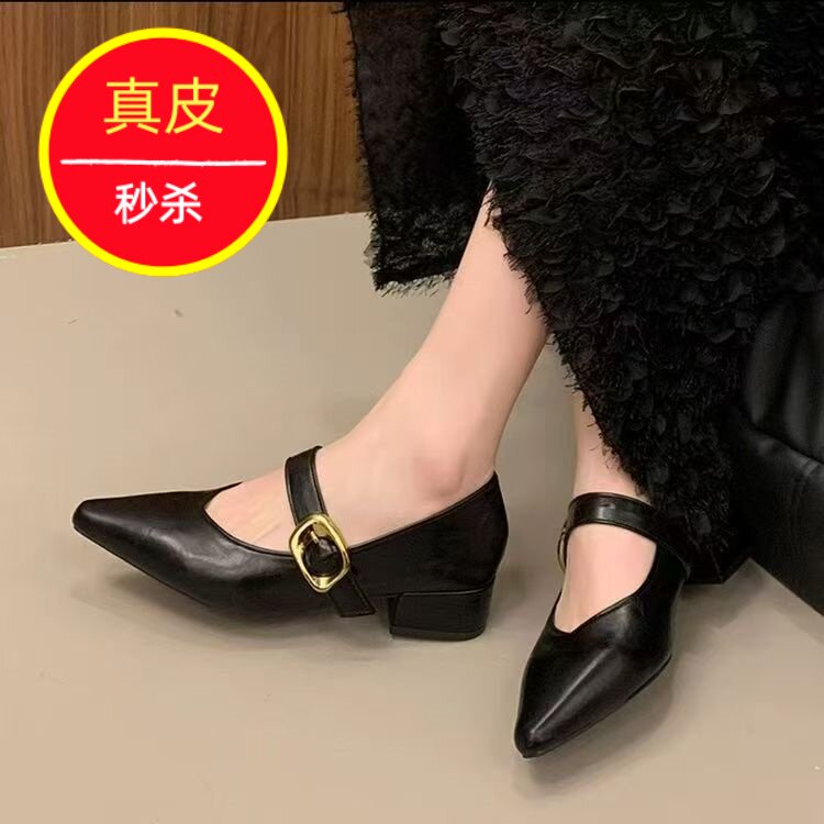 2026秋真皮粗跟尖头玛丽珍鞋女黑色一字扣带气质百搭舒适低跟单鞋