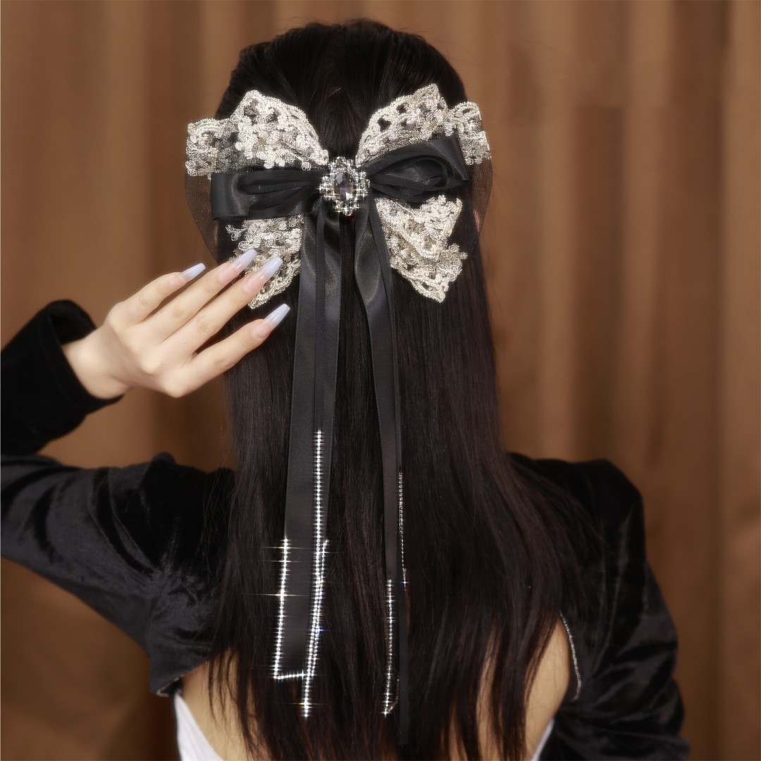 抖音同款布艺发饰 日韩公主风蝴蝶结水晶气质飘带一字夹头夹