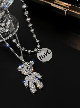 满钻双层小熊叠戴项链女夏ins潮锁骨链百搭简约个性小众长款配饰