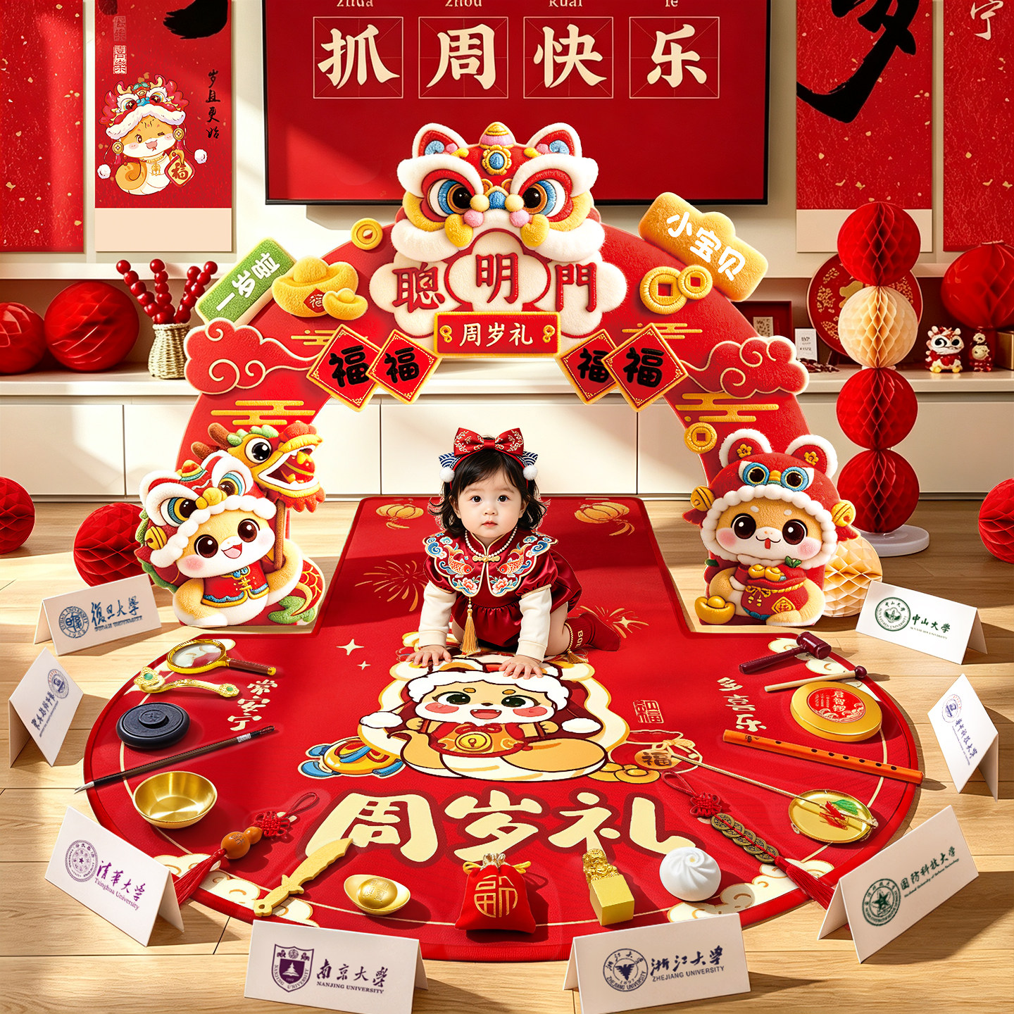 抓周用品一周岁布置全套女宝宝男孩生日仪式中式抓阄摆件全套地毯