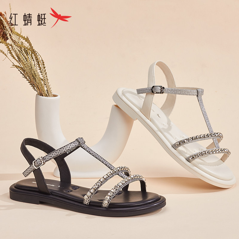 REDDRAGONFLY/红蜻蜓时尚钻条平跟一字带软底露趾凉鞋女MK4720302
