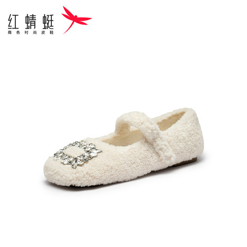REDDRAGONFLY/红蜻蜓女士法式浅口一字带加绒水钻毛毛鞋WTC32121