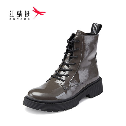 红蜻蜓拉链短筒粗跟马丁靴