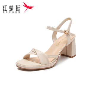 REDDRAGONFLY/红蜻蜓女士优雅粗高跟牛皮露趾一字带凉鞋WFK22208