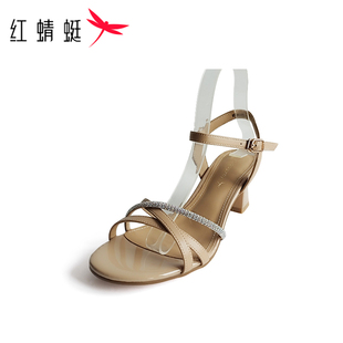 REDDRAGONFLY/红蜻蜓女士欧美外穿露趾粗跟气质水钻凉鞋WFK24125