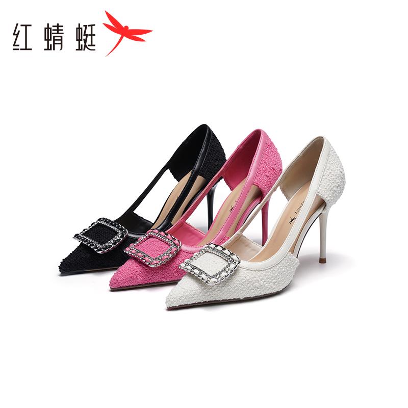 REDDRAGONFLY/红蜻蜓法式气质水钻尖头细高跟镂空单鞋女WTB23353