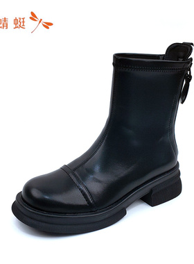 REDDRAGONFLY/红蜻蜓靴子女复古圆头小短靴春秋厚底粗跟WFC32375