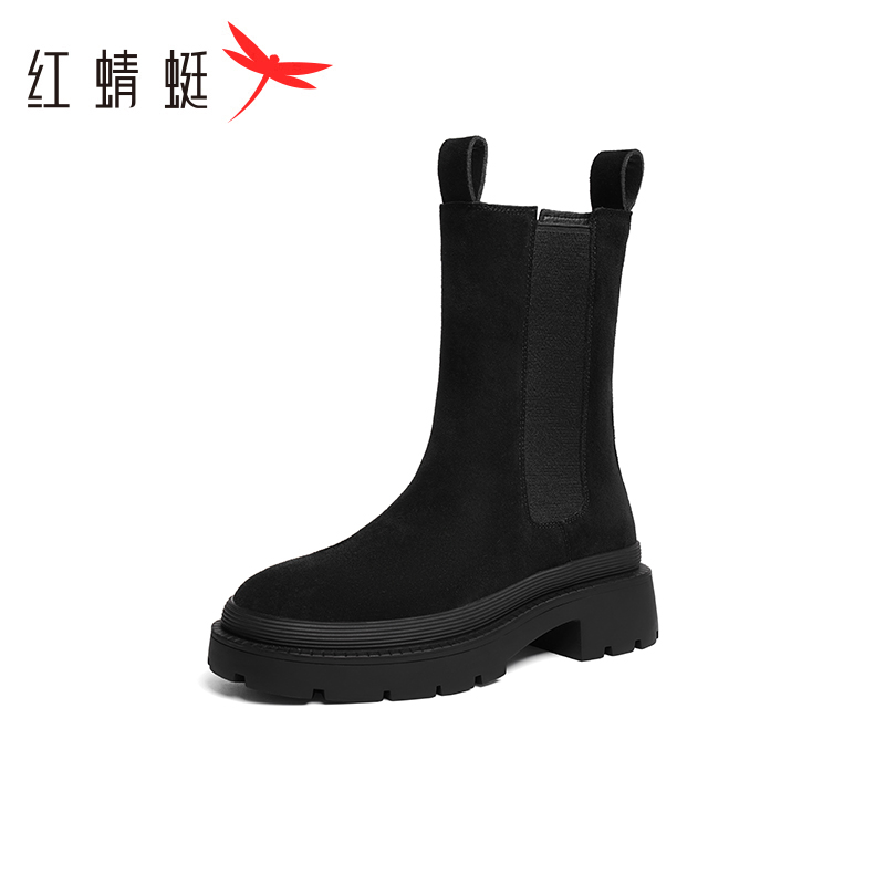 红蜻蜓套筒弹力布切尔西靴