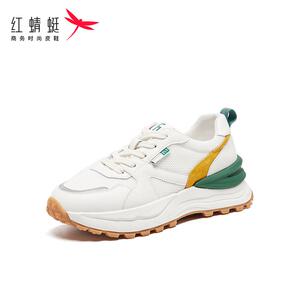 红蜻蜓春秋款休闲女板鞋运动系带松糕底老爹鞋女士潮流撞色小白鞋