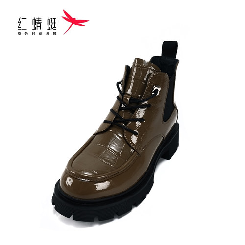 REDDRAGONFLY/红蜻蜓拼接时尚潮流厚底舒适短筒马丁靴女C3300114