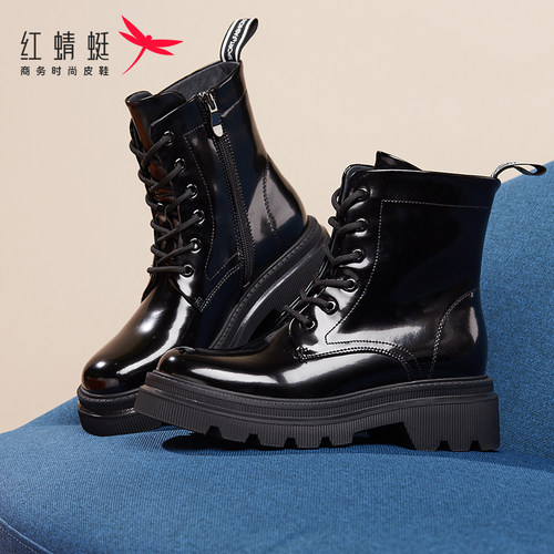REDDRAGONFLY/红蜻蜓真皮厚底英伦漆皮软底防滑马丁靴女C2600097