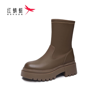 红蜻蜓冬季复古切尔西靴女士厚底粗跟圆头烟筒靴英伦风短筒马丁靴