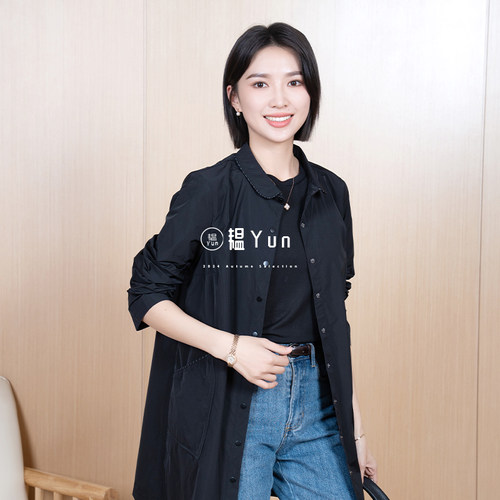 YUN韫2025春季新款女单排扣韩版氛围感小翻领中长款风衣外套5172