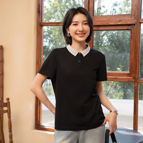 YUN韫2025夏季新品女简约休闲欧根纱拼色领通勤针织棉短袖T恤5702