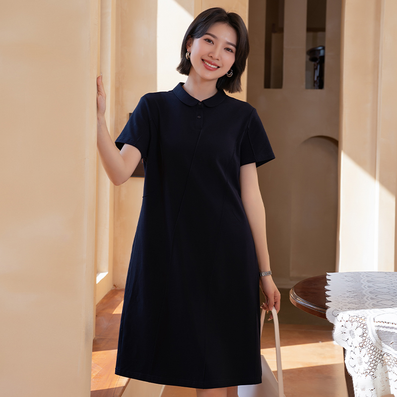 YUN韫2025夏季新品女气质POLO领凉感珠地纯色显瘦短袖连衣裙5706