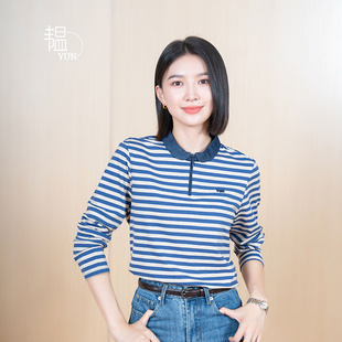 女娃娃领百搭条纹门襟拉链正肩通勤长袖 新款 韫2024秋季 T恤 YUN