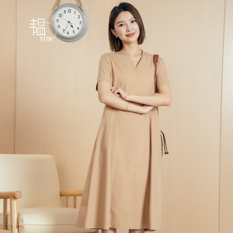 【yun】韫2024夏季新款女装气质优雅v领收腰显瘦通勤短袖连衣裙
