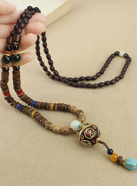 新中式民族风尼泊尔圆珠项链女异域风情复古木质串珠毛衣链配饰品