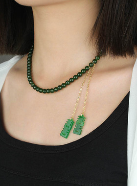 中国风复古时尚祖母绿色项饰项链双喜字流苏吊坠百搭锁骨链颈链女