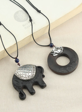 复古简约檀木大象圆环吊坠项链女